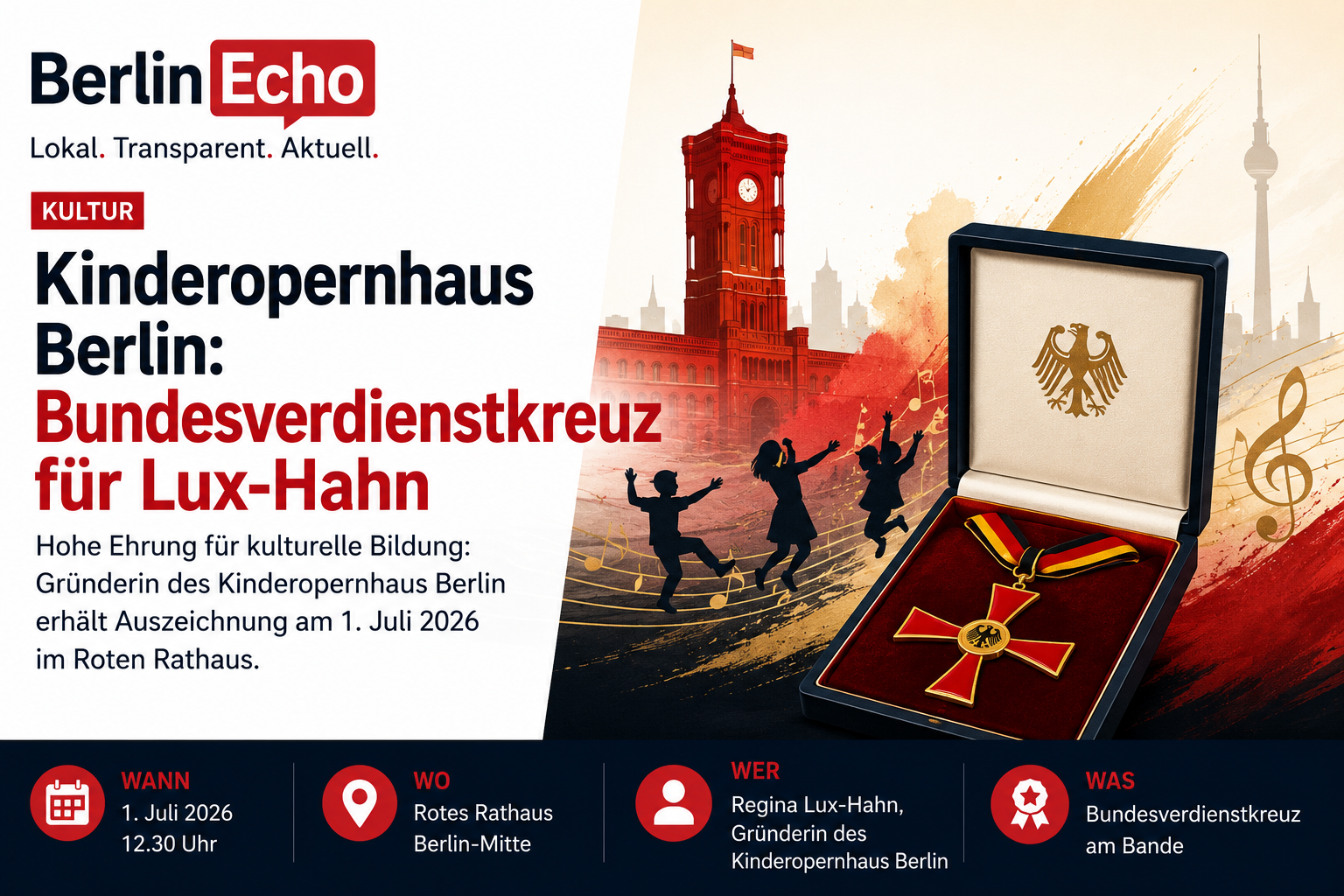 Illustration zum Kinderopernhaus Berlin mit Bundesverdienstkreuz, Rotem Rathaus und musikalischen Elementen