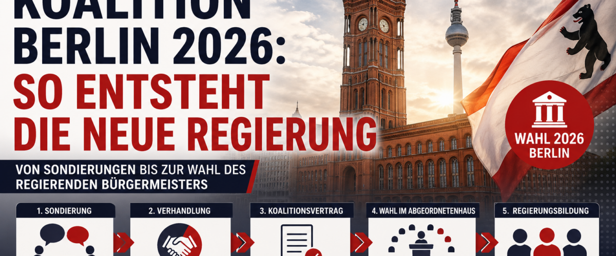 Berliner Rathaus, Berlin-Flagge und Wahlgrafik zur Koalition Berlin 2026