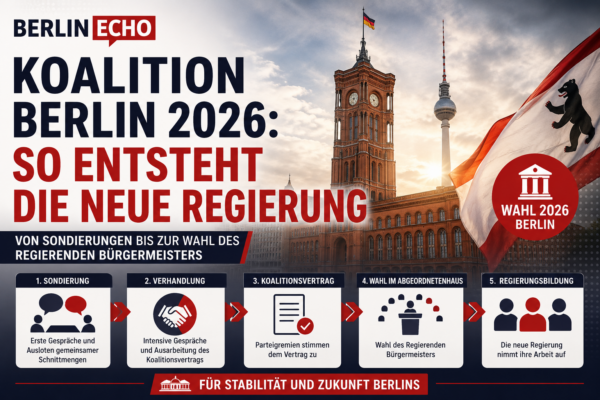Berliner Rathaus, Berlin-Flagge und Wahlgrafik zur Koalition Berlin 2026