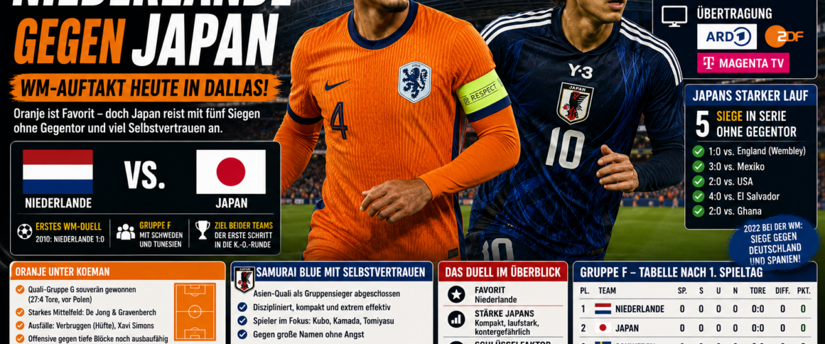 Niederlande gegen Japan WM 2026: Auftaktspiel der Gruppe F um 22:00 Uhr im AT&T Stadium Dallas