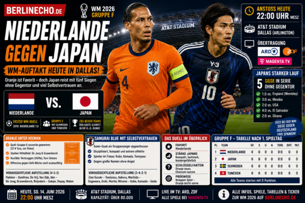 Niederlande gegen Japan WM 2026: Auftaktspiel der Gruppe F um 22:00 Uhr im AT&T Stadium Dallas