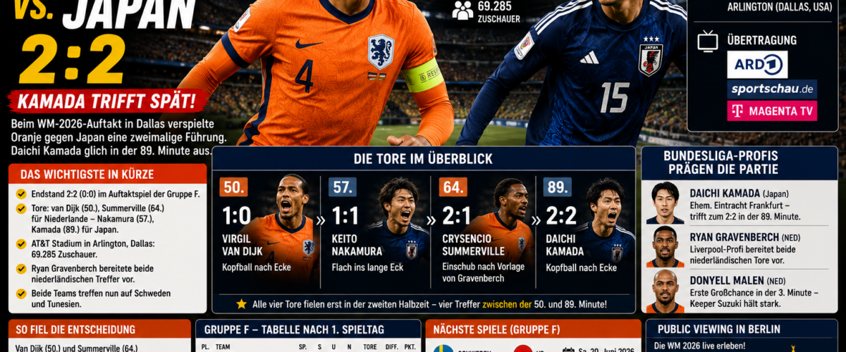 Niederlande Japan Ergebnis WM 2026: Daichi Kamada trifft in der 89. Minute zum 2:2-Ausgleich