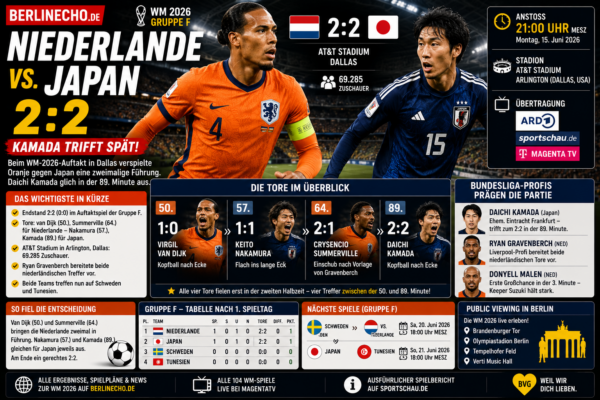 Niederlande Japan Ergebnis WM 2026: Daichi Kamada trifft in der 89. Minute zum 2:2-Ausgleich