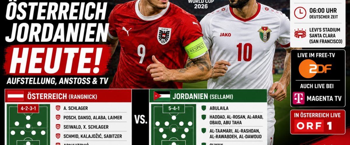 Alt-Text: Österreich Jordanien heute bei der WM 2026 mit Aufstellung, Anstoß um 6 Uhr und ZDF-Übertragung