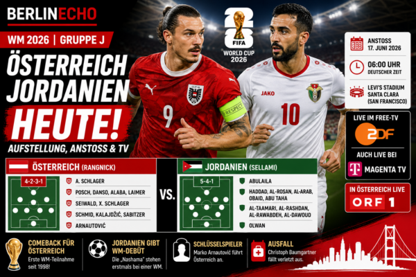 Alt-Text: Österreich Jordanien heute bei der WM 2026 mit Aufstellung, Anstoß um 6 Uhr und ZDF-Übertragung