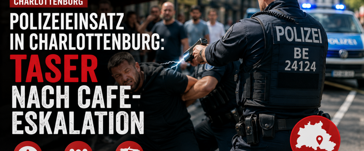 Polizeieinsatz in Charlottenburg mit Streifenwagen, Café-Szene und Hinweis auf DEIG-Einsatz nach Eskalation