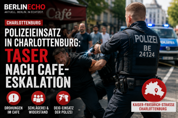Polizeieinsatz in Charlottenburg mit Streifenwagen, Café-Szene und Hinweis auf DEIG-Einsatz nach Eskalation