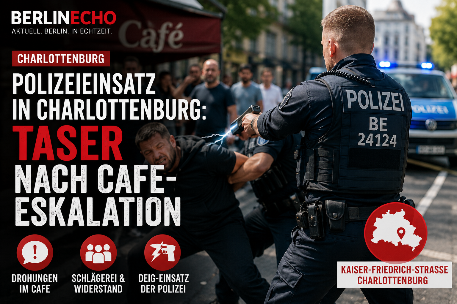 Polizeieinsatz in Charlottenburg mit Streifenwagen, Café-Szene und Hinweis auf DEIG-Einsatz nach Eskalation
