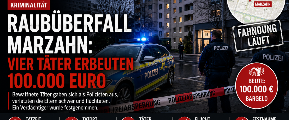 Titelbild zum Raubüberfall in Marzahn mit Polizeieinsatz vor einem Hochhaus, Absperrband und Hinweis auf 100.000 Euro Beute