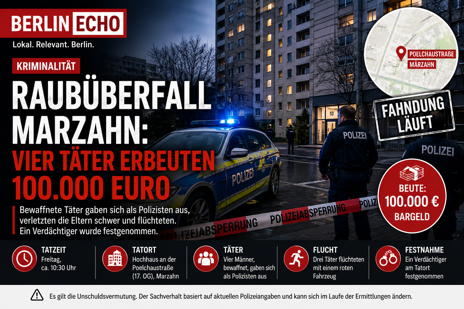 Titelbild zum Raubüberfall in Marzahn mit Polizeieinsatz vor einem Hochhaus, Absperrband und Hinweis auf 100.000 Euro Beute