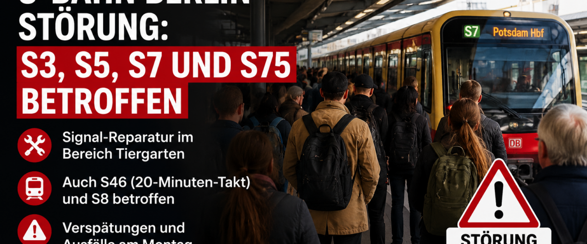 S-Bahn Berlin Störung mit wartenden Fahrgästen am Bahnhof Tiergarten und Hinweis auf S3, S5, S7 und S75