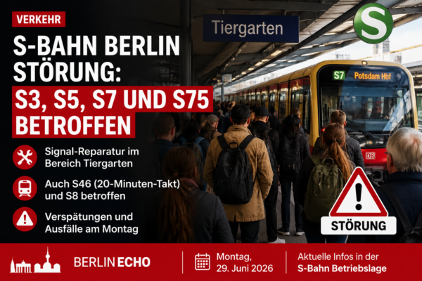 S-Bahn Berlin Störung mit wartenden Fahrgästen am Bahnhof Tiergarten und Hinweis auf S3, S5, S7 und S75