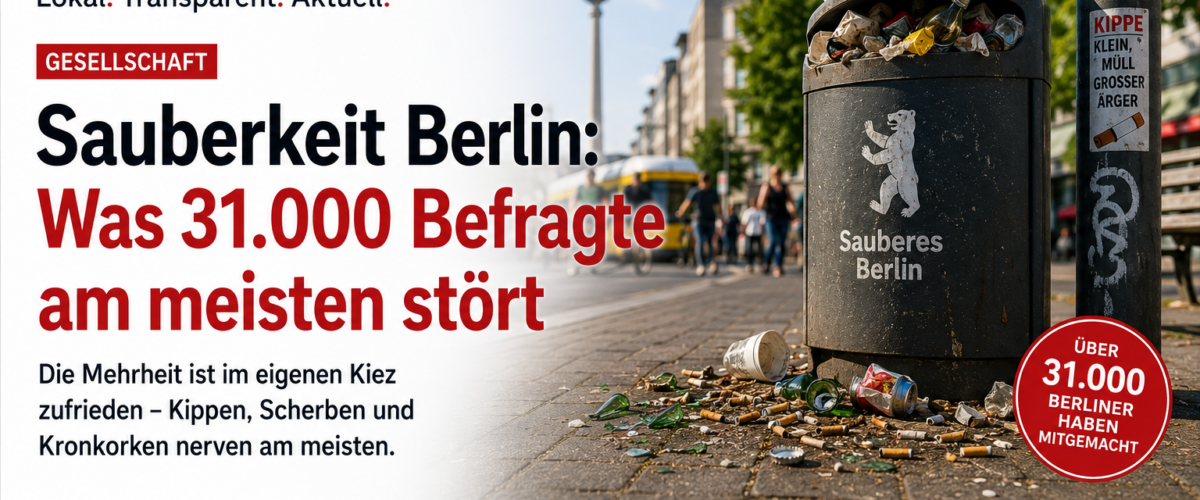 Überfüllter Mülleimer in Berlin mit Zigarettenkippen, Scherben und Kleinmüll auf dem Gehweg