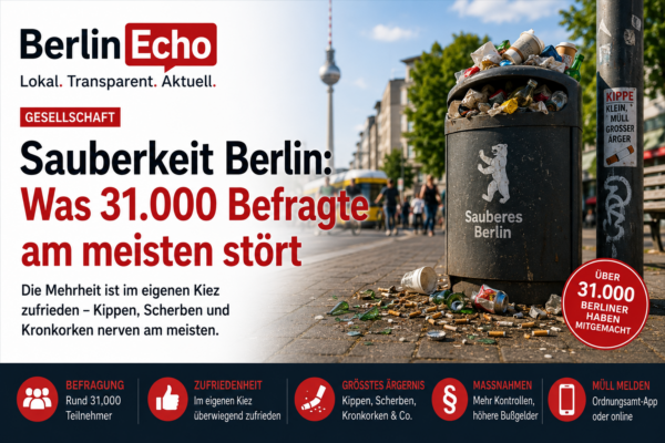 Überfüllter Mülleimer in Berlin mit Zigarettenkippen, Scherben und Kleinmüll auf dem Gehweg