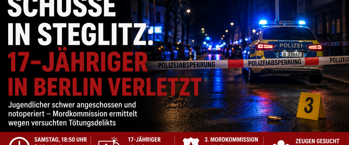 Polizeiabsperrung und Blaulicht nach Schüssen in Steglitz mit schwer verletztem 17-Jährigen