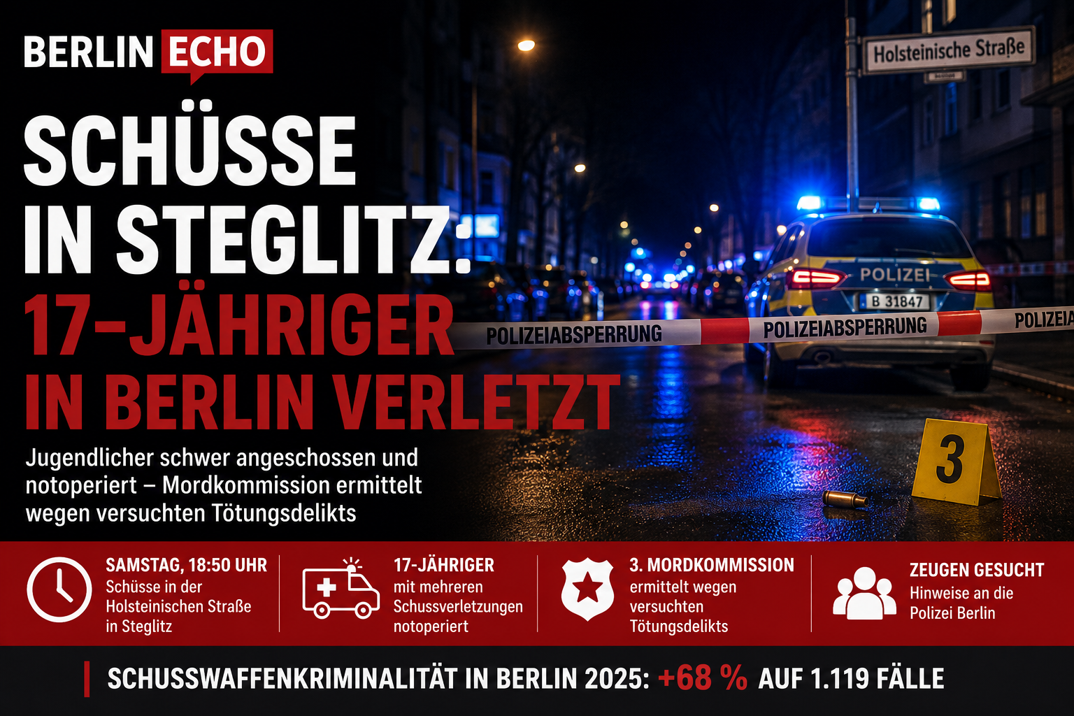 Polizeiabsperrung und Blaulicht nach Schüssen in Steglitz mit schwer verletztem 17-Jährigen