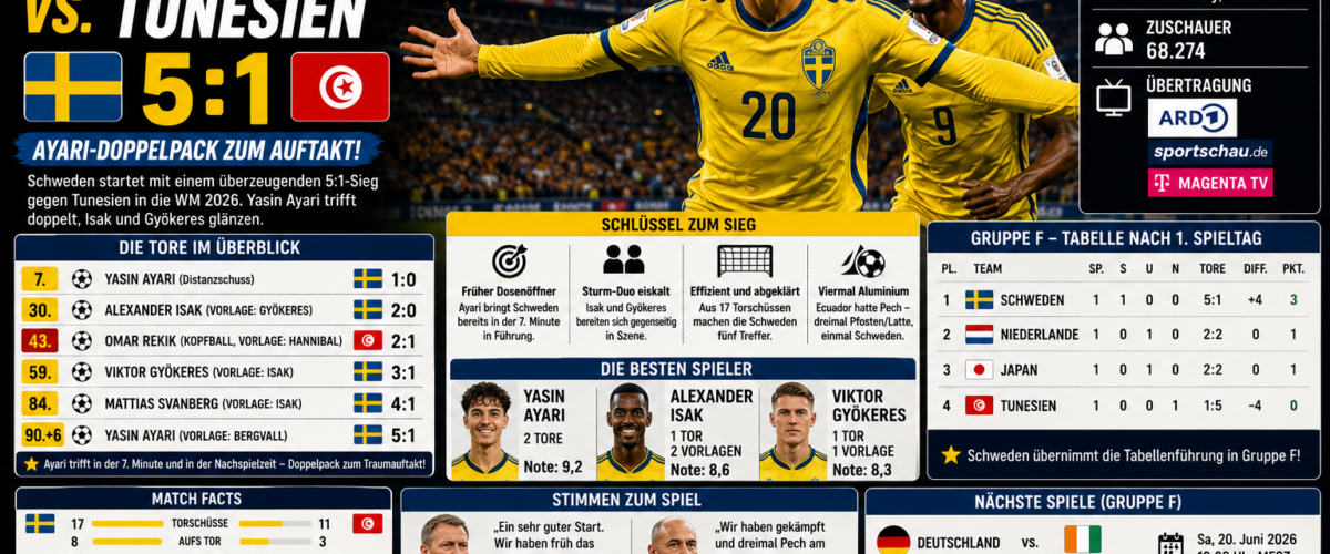Schweden Tunesien Ergebnis WM 2026: Schweden gewinnt 5:1 gegen Tunesien, Yasin Ayari trifft doppelt
