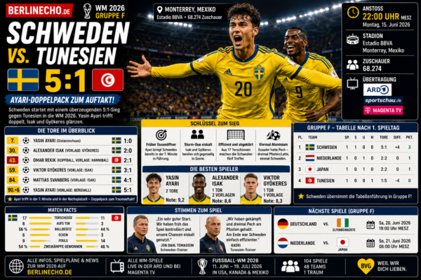 Schweden Tunesien Ergebnis WM 2026: Schweden gewinnt 5:1 gegen Tunesien, Yasin Ayari trifft doppelt