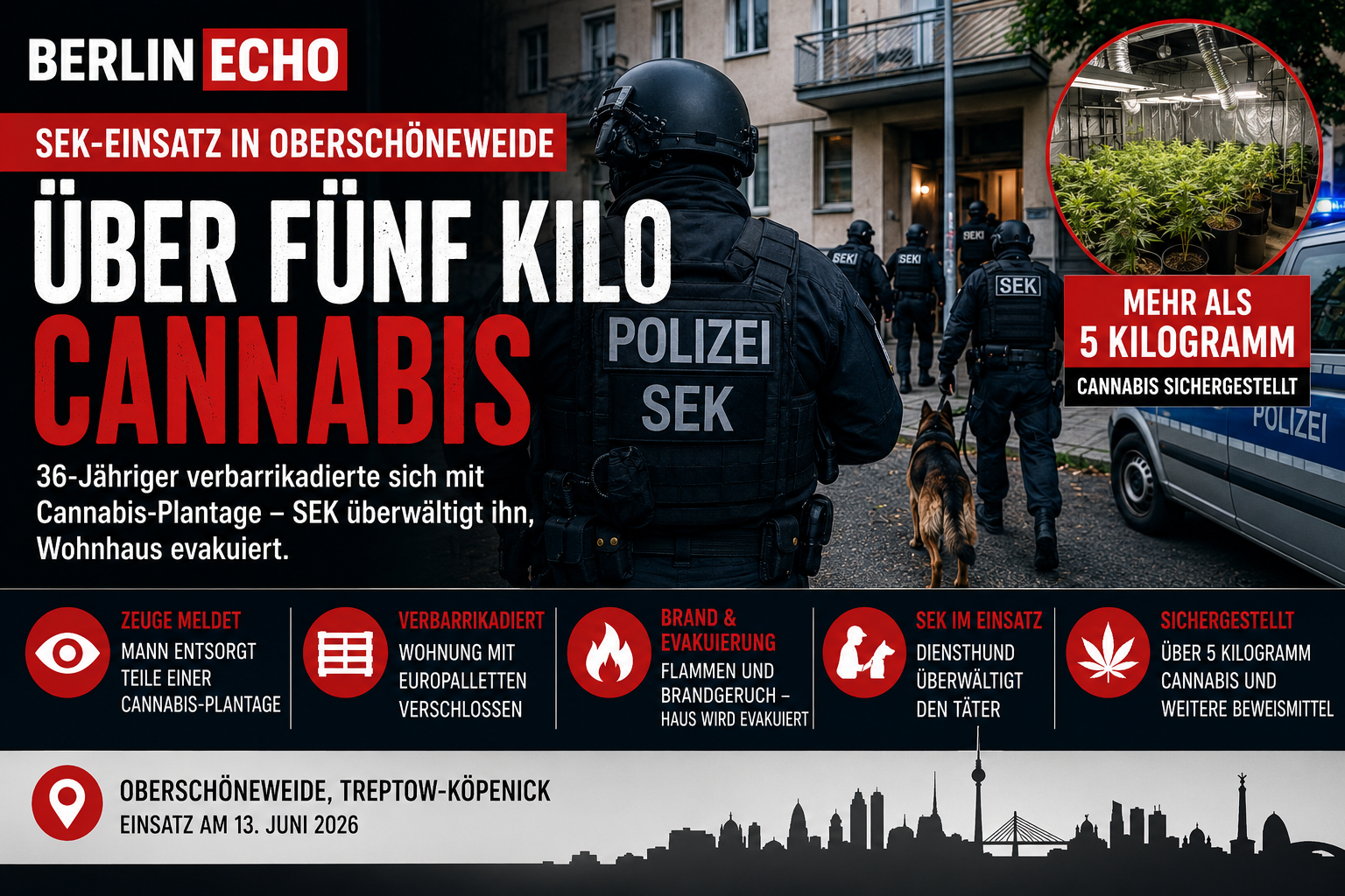 SEK-Einsatz in Oberschöneweide mit Polizei, Cannabisfund und evakuiertem Wohnhaus in Berlin