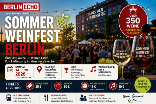Titelbild zum Sommer Weinfest Berlin mit Weingläsern, Festivalstimmung, Haus der Visionäre und Hinweis auf über 350 Weine