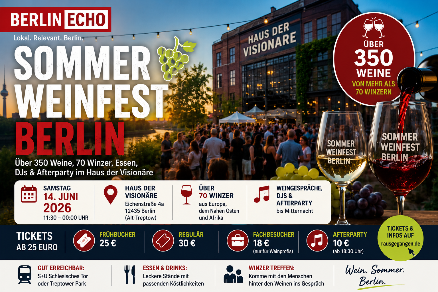 Titelbild zum Sommer Weinfest Berlin mit Weingläsern, Festivalstimmung, Haus der Visionäre und Hinweis auf über 350 Weine