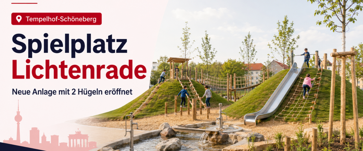 Spielplatz Lichtenrade an der Nuthestraße mit zwei Spielhügeln, Rutsche und Wasserspielbereich