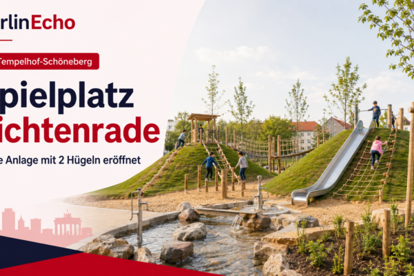 Spielplatz Lichtenrade an der Nuthestraße mit zwei Spielhügeln, Rutsche und Wasserspielbereich