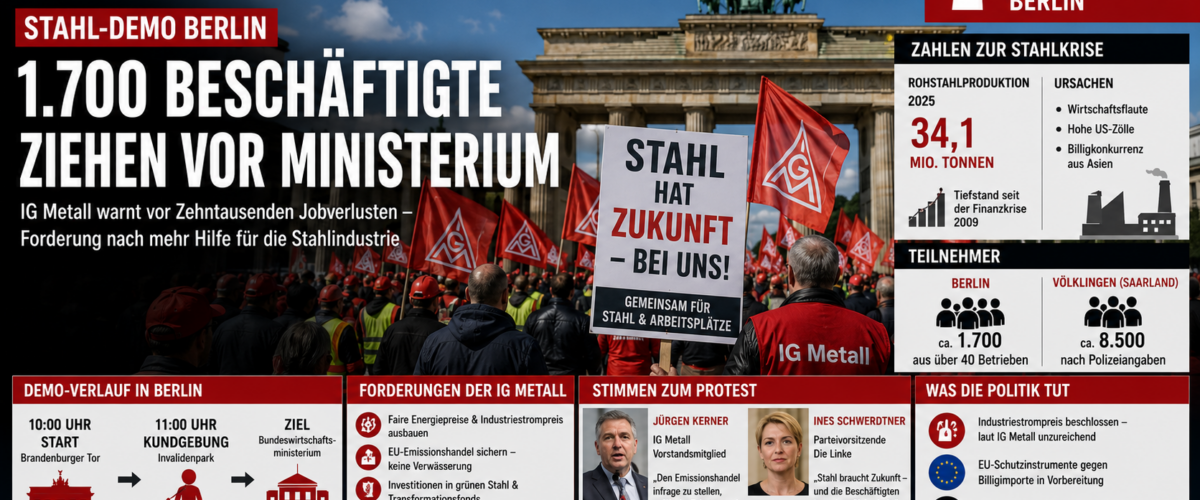 Stahl-Demo Berlin mit IG-Metall-Beschäftigten am Brandenburger Tor und Forderungen für grünen Stahl
