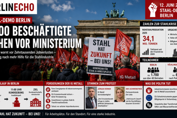 Stahl-Demo Berlin mit IG-Metall-Beschäftigten am Brandenburger Tor und Forderungen für grünen Stahl