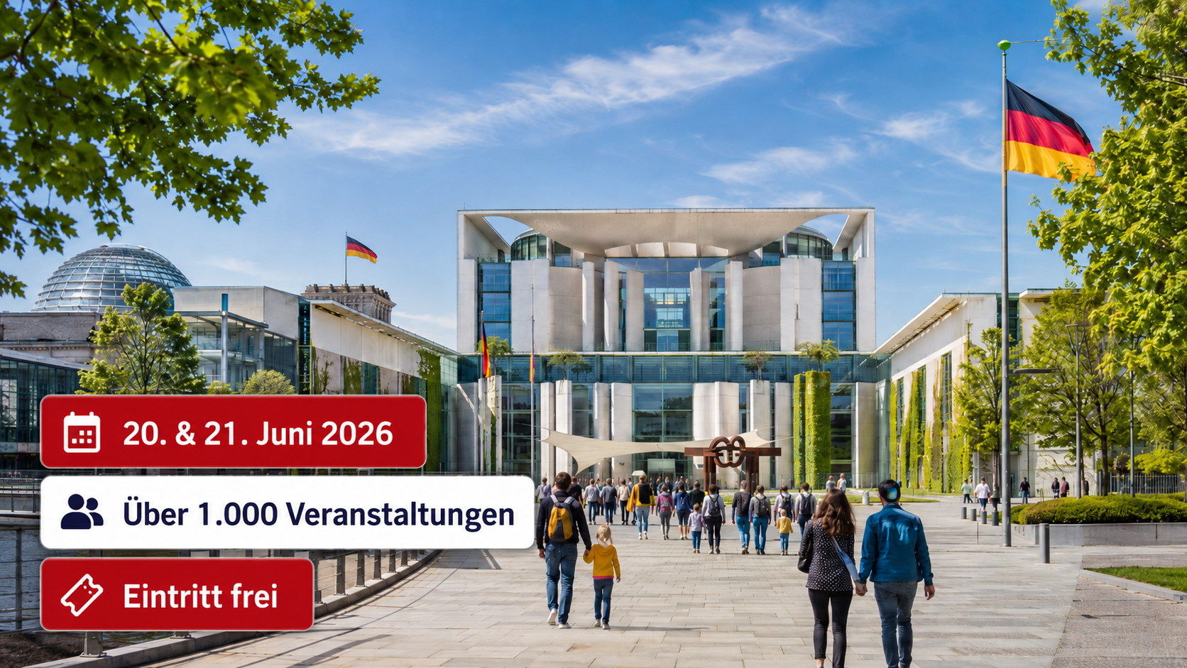 Tag der offenen Tür der Bundesregierung 2026 mit Besuchern vor dem Bundeskanzleramt in Berlin