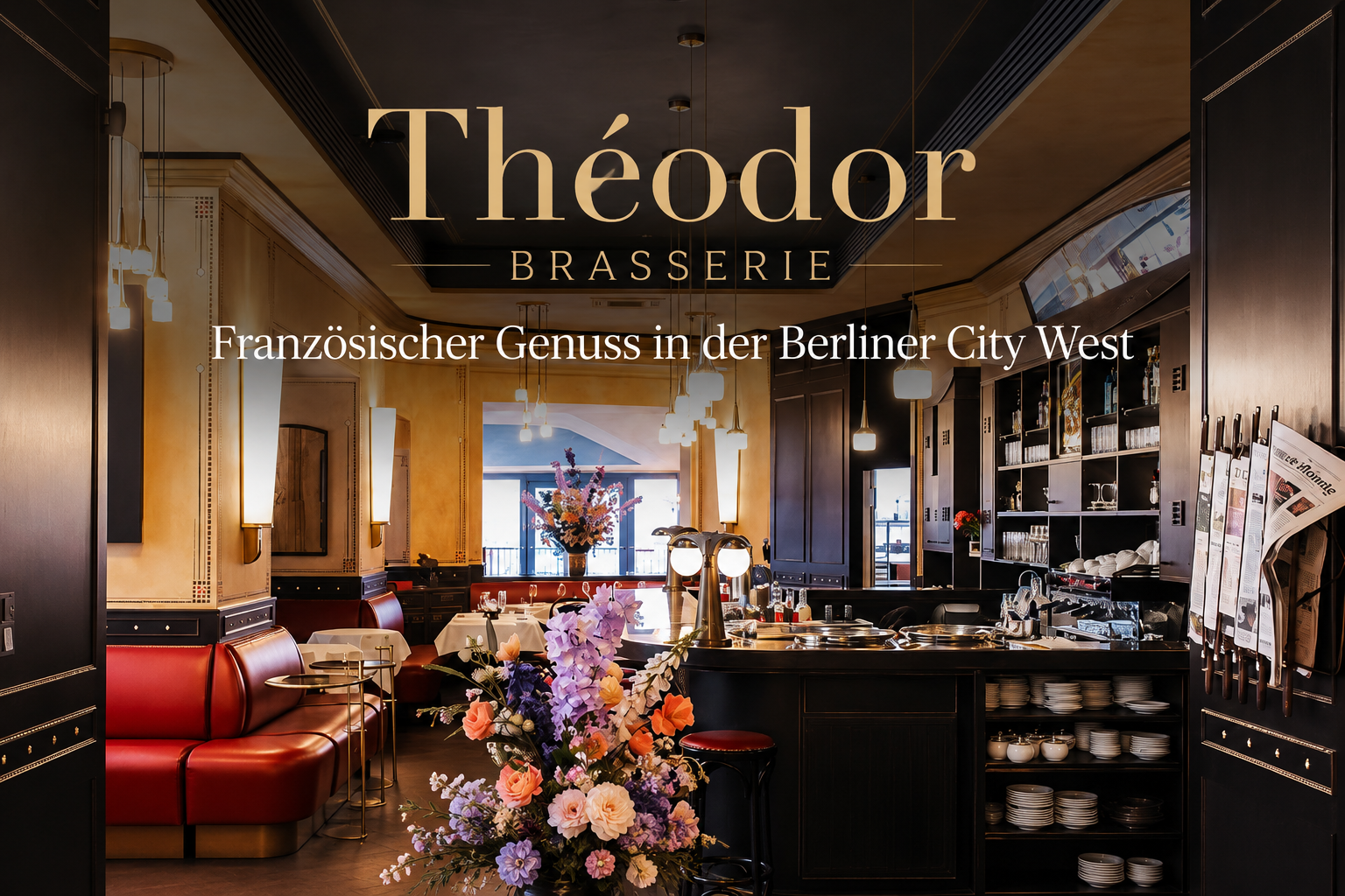 Innenraum der Théodor Brasserie Berlin mit Bar, roten Lederbänken und Art-Déco-Elementen