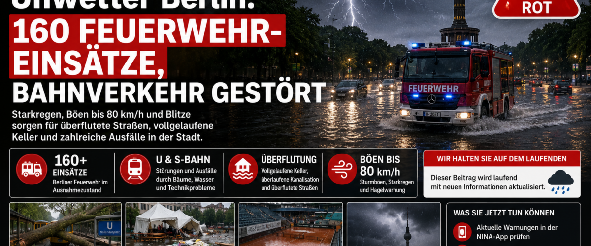 Unwetter Berlin mit Starkregen, Blitzen, Feuerwehr-Einsatz und gestörtem Bahnverkehr am 21. Juni 2026