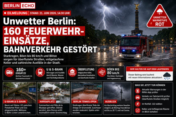 Unwetter Berlin mit Starkregen, Blitzen, Feuerwehr-Einsatz und gestörtem Bahnverkehr am 21. Juni 2026