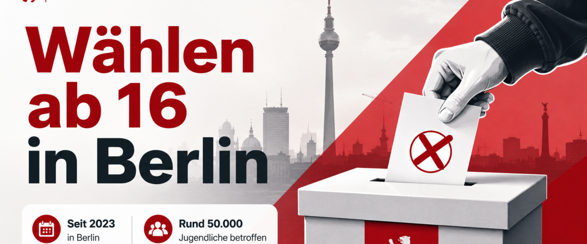 Titelbild zum Wählen ab 16 in Berlin mit Wahlurne, Stimmzettel und Berliner Skyline im BerlinEcho-Design