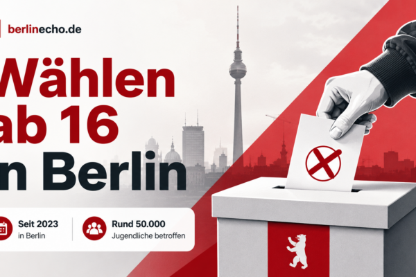 Titelbild zum Wählen ab 16 in Berlin mit Wahlurne, Stimmzettel und Berliner Skyline im BerlinEcho-Design