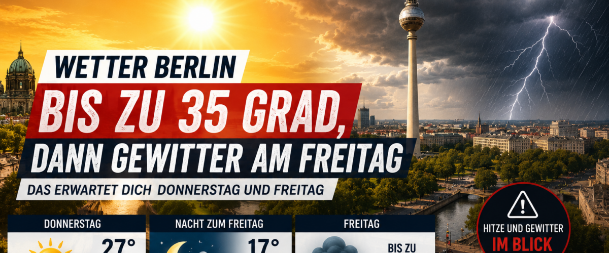 Wetter Berlin mit Hitze bis 35 Grad und Gewitter über der Berliner Skyline