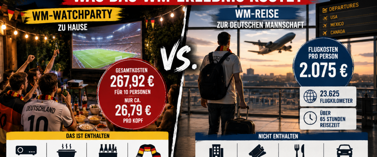 WM-Watchparty oder Reise im Kostenvergleich mit Gartenparty, Beamer, Flugkosten und WM-Reise zur deutschen Mannschaft