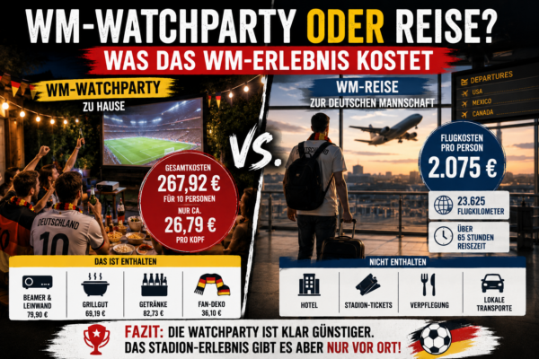 WM-Watchparty oder Reise im Kostenvergleich mit Gartenparty, Beamer, Flugkosten und WM-Reise zur deutschen Mannschaft