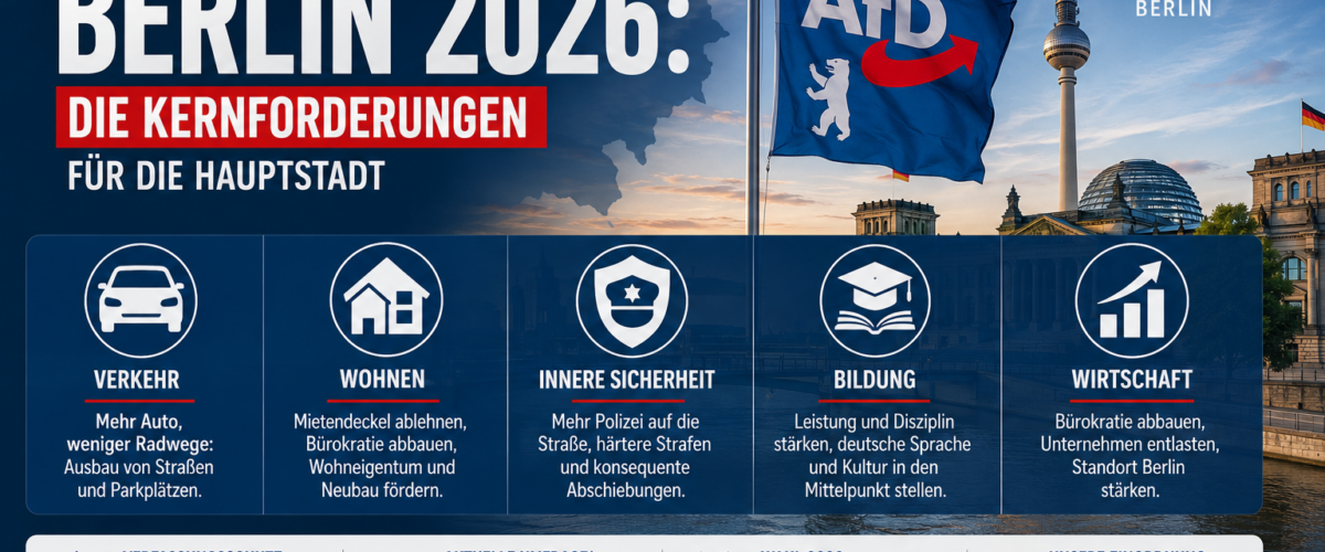 AfD Wahlprogramm Berlin 2026 mit Forderungen zu Verkehr, Wohnen, Sicherheit, Bildung und Wirtschaft