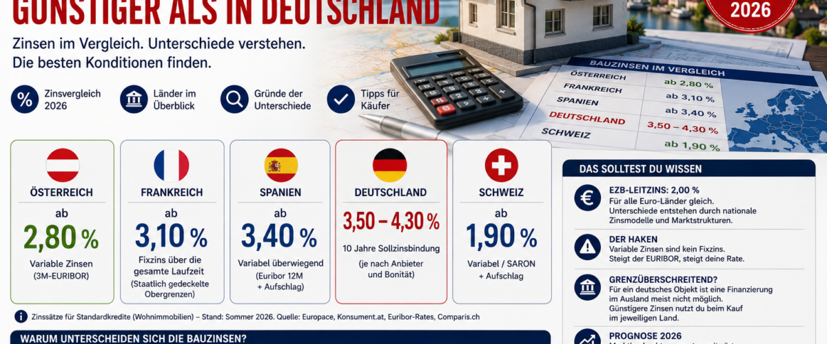Bauzinsen in Europa im Vergleich mit Wohnhaus, Taschenrechner und Zinssätzen für Deutschland, Österreich, Frankreich, Spanien und die Schweiz