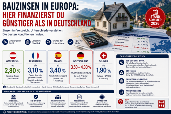 Bauzinsen in Europa im Vergleich mit Wohnhaus, Taschenrechner und Zinssätzen für Deutschland, Österreich, Frankreich, Spanien und die Schweiz