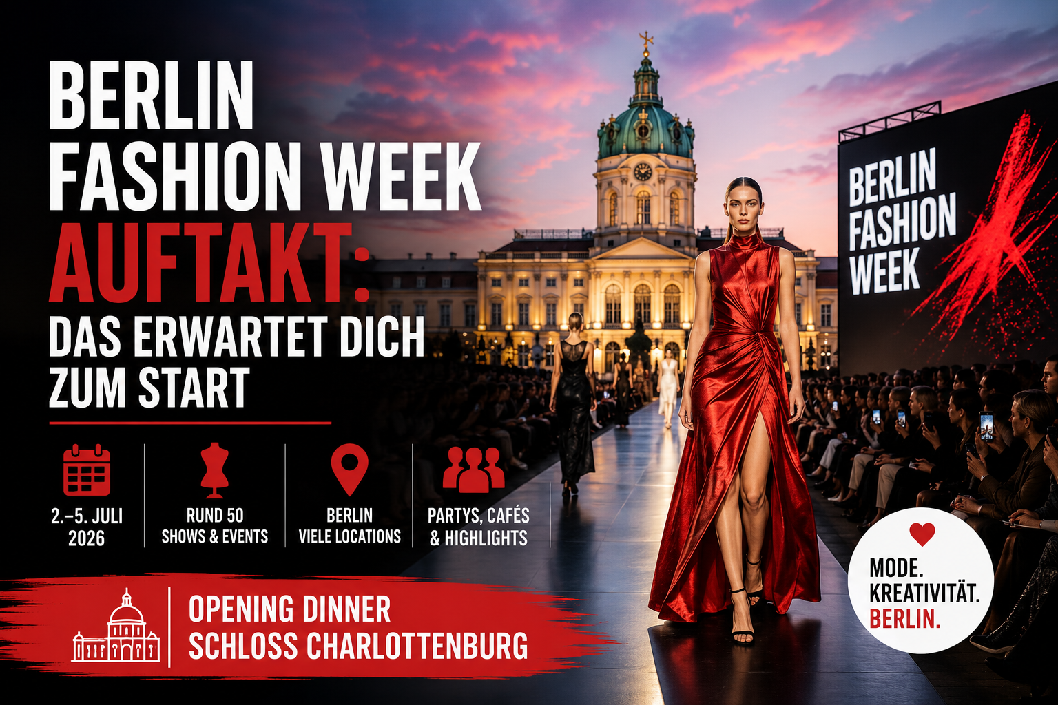Berlin Fashion Week Auftakt 2026 mit Laufsteg, Models und Schloss Charlottenburg im Hintergrund