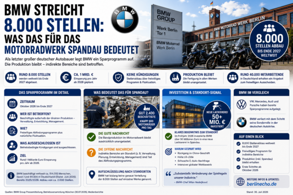 BMW Stellenabbau mit Motorradwerk Berlin-Spandau und Informationen zu 8.000 wegfallenden Stellen bis Ende 2027