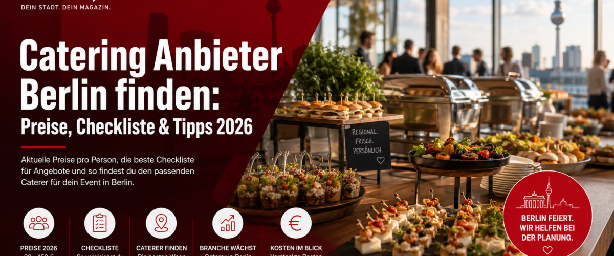 Modernes Catering-Buffet bei einer Veranstaltung in Berlin mit Fingerfood und Blick auf den Fernsehturm