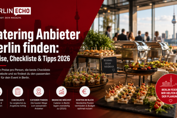 Modernes Catering-Buffet bei einer Veranstaltung in Berlin mit Fingerfood und Blick auf den Fernsehturm