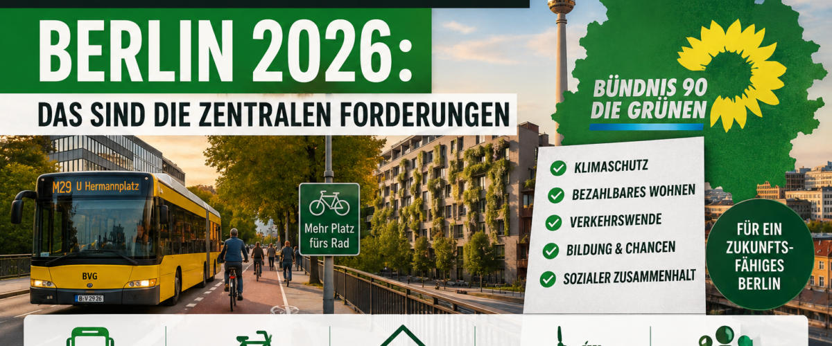 Grüne Wahlprogramm Berlin 2026 mit Berliner Stadtbild, BVG-Bus, Radweg, Wohnhäusern und Klimaschutz-Symbolen