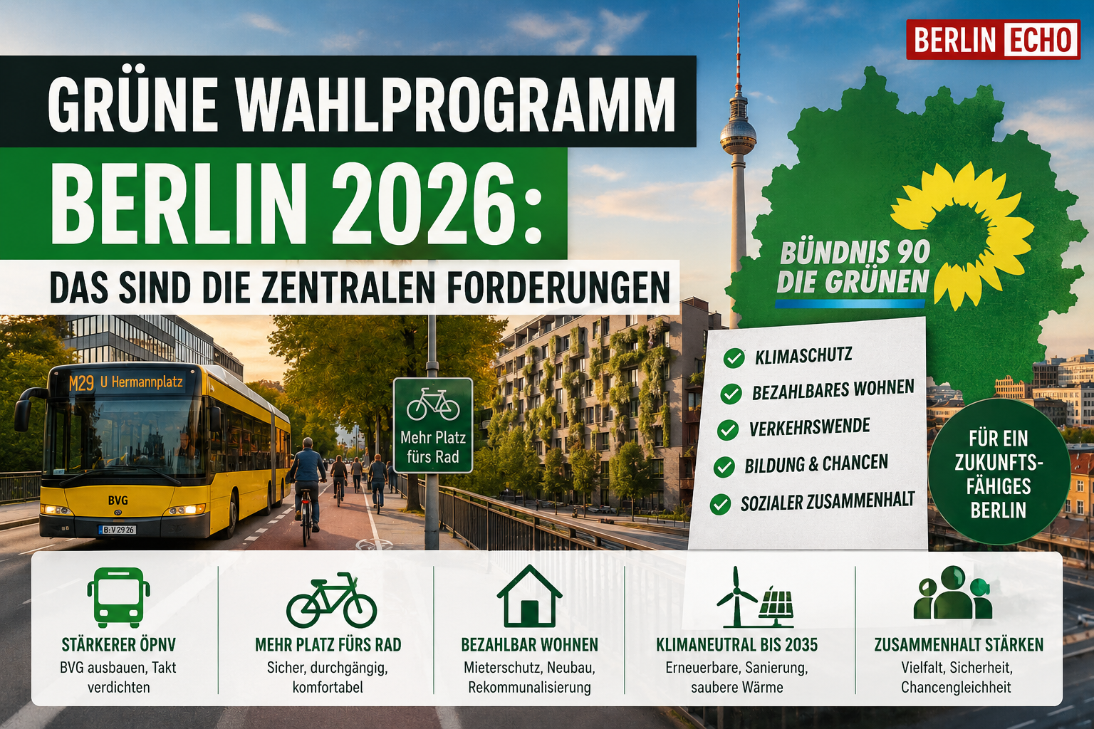 Grüne Wahlprogramm Berlin 2026 mit Berliner Stadtbild, BVG-Bus, Radweg, Wohnhäusern und Klimaschutz-Symbolen
