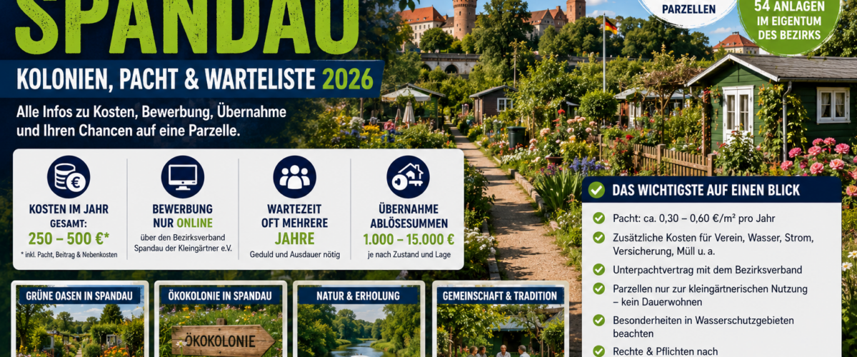 Kleingarten Spandau mit Gartenlauben, blühenden Parzellen sowie Informationen zu Pacht, Warteliste und Übernahme