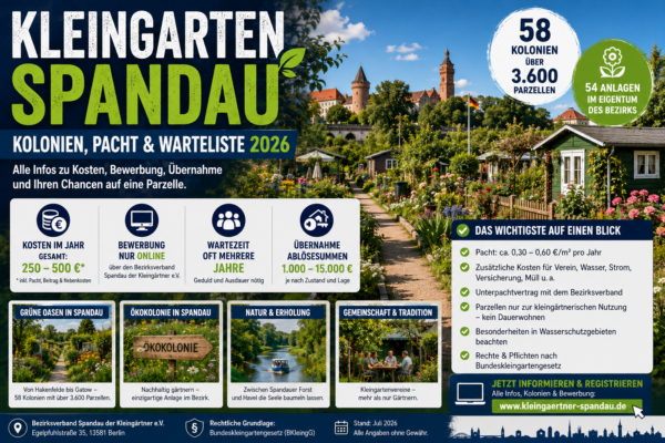 Kleingarten Spandau mit Gartenlauben, blühenden Parzellen sowie Informationen zu Pacht, Warteliste und Übernahme