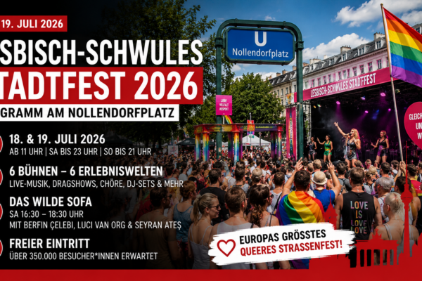 Lesbisch-Schwules Stadtfest 2026 am Nollendorfplatz in Berlin-Schöneberg mit Regenbogenfahnen, Bühne und zahlreichen Besuchern